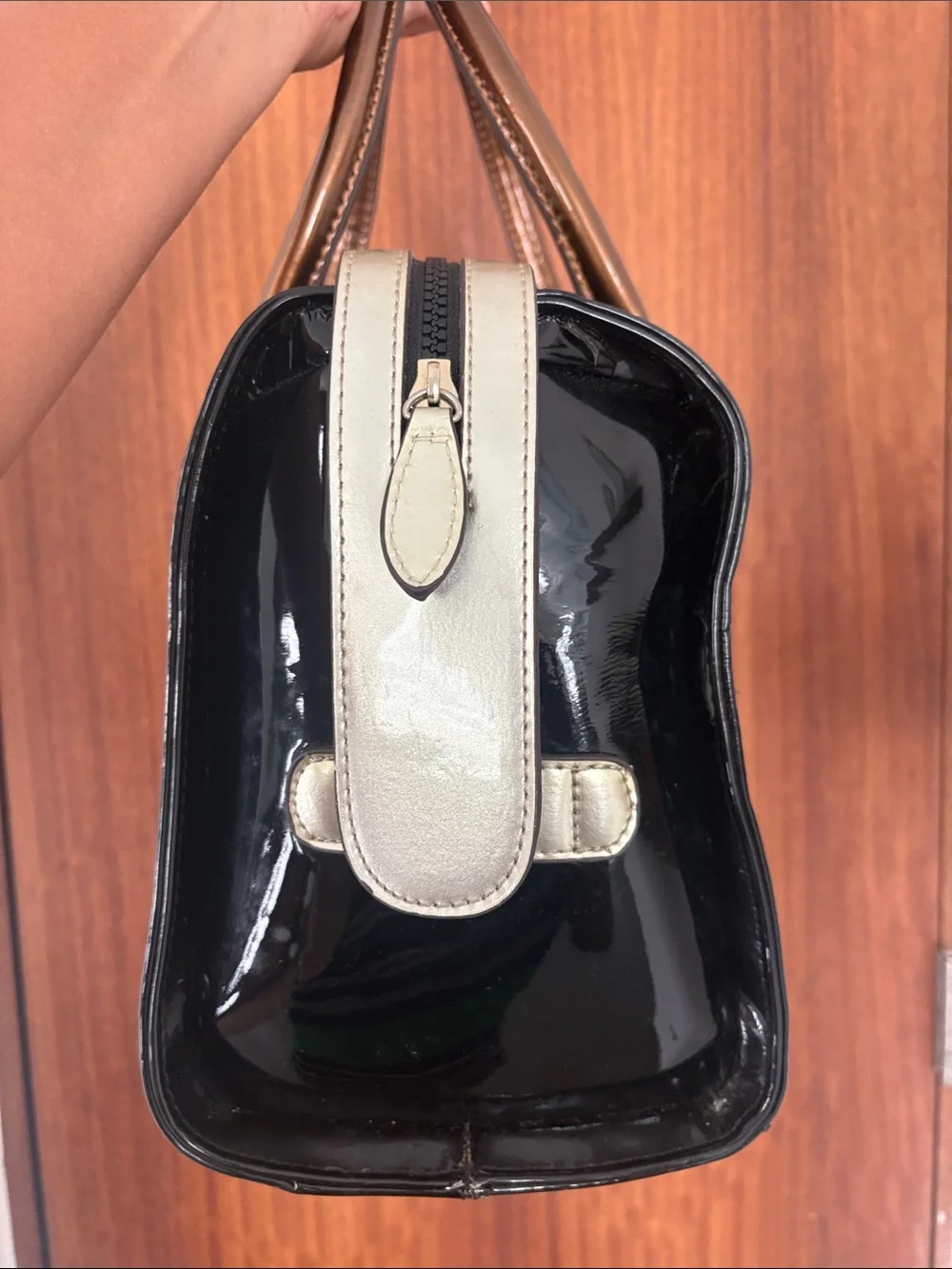 Large Black Charol Satchel with Tan Handles